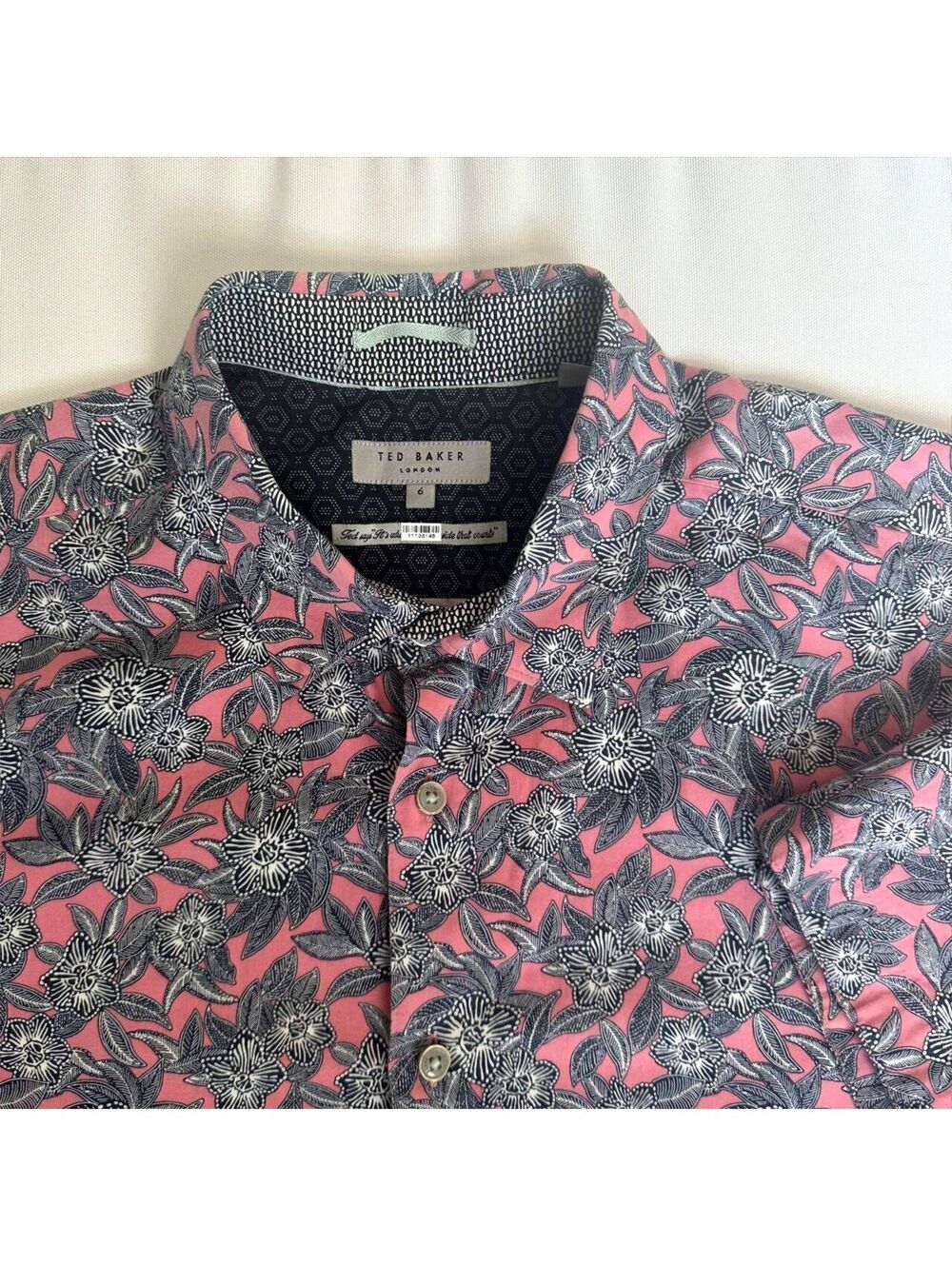 Ted Baker Mens Size 6 XL Short Sleeve Pink gray Floral Cotton Button Up Shirt
